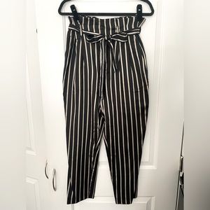 Striped black and champagne paperbag pants